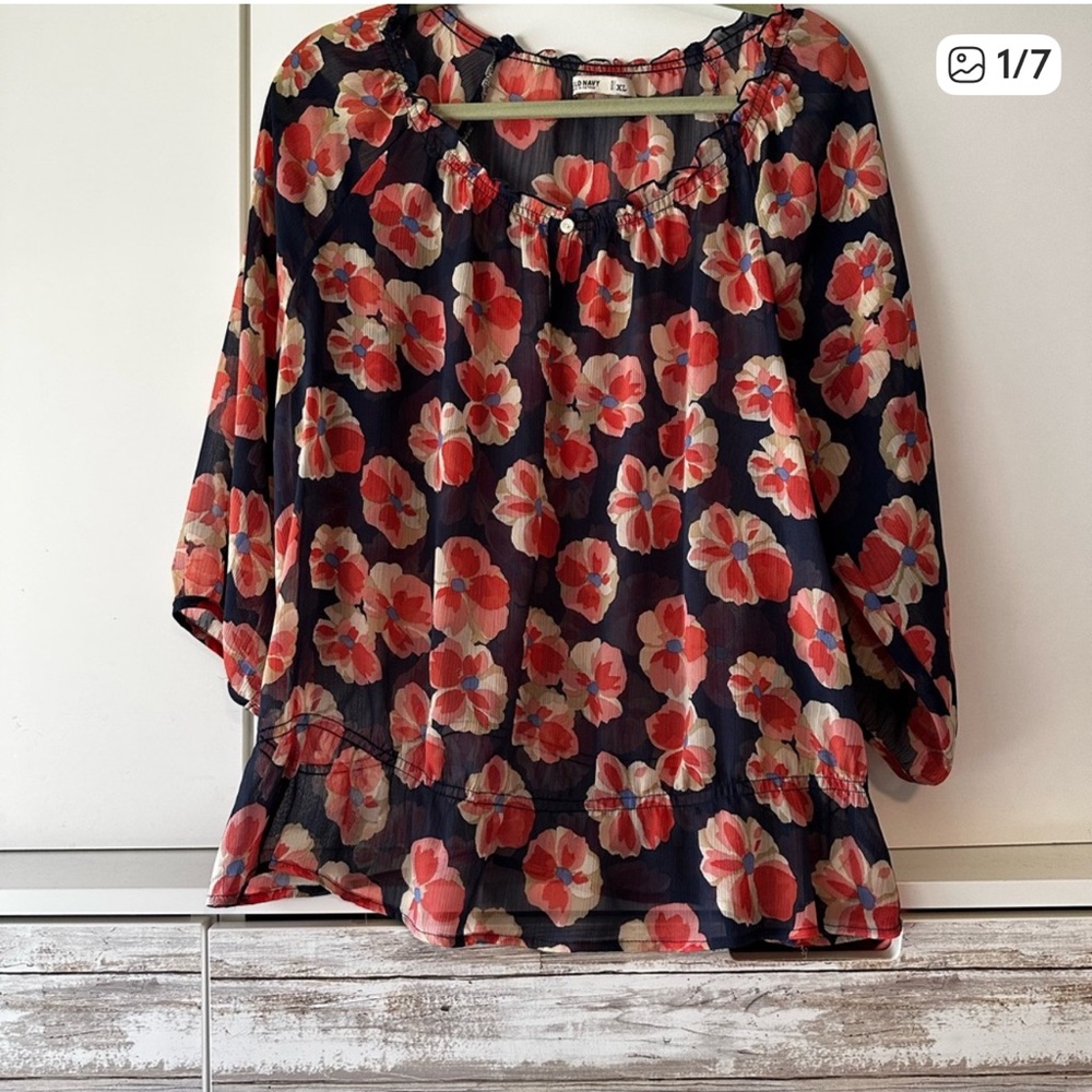 🌸 Old Navy Floral Sheer Peasant Blouse XL Pink Blue Boho 3/4 Sleeve Top